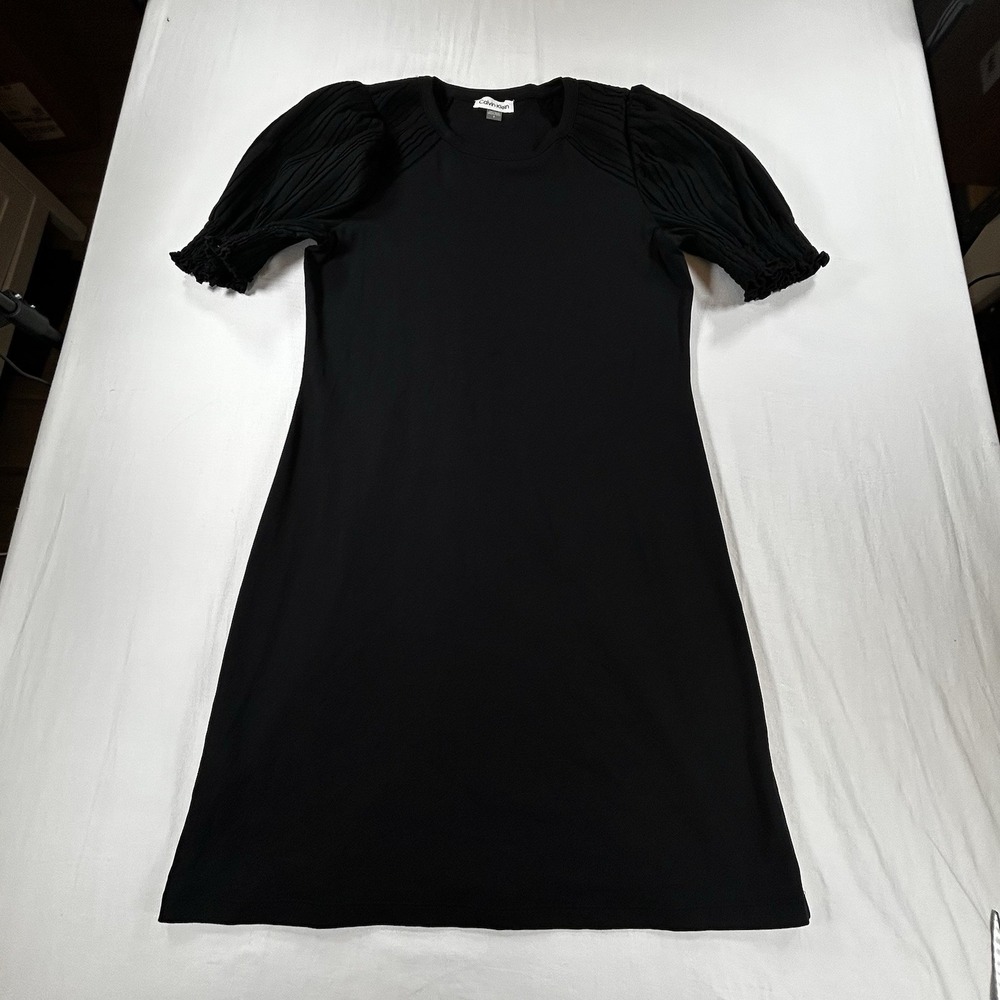 Calvin Klein Women's 6 S Black Knit Puff Sleeve Dress Mini Crew Neck Flaw